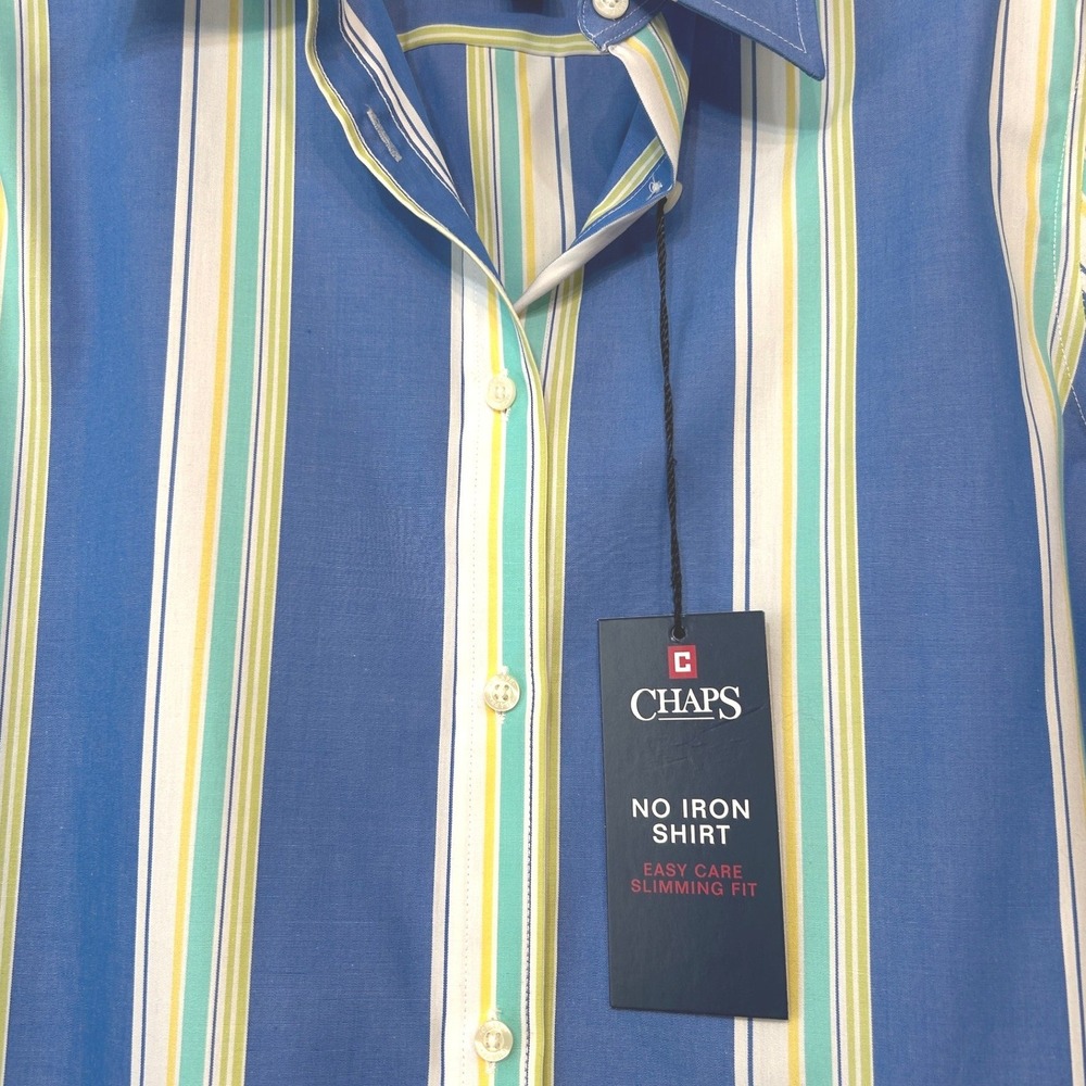 Chaps Button Down Shirt Men M Blue Striped New No Iron Slimming Fit Gingham Cuff
